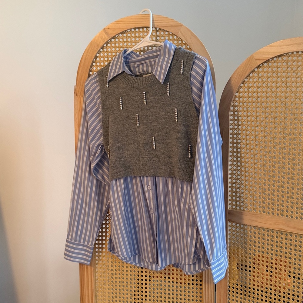 Maeve Blue Striped Shirt with Gray Vest